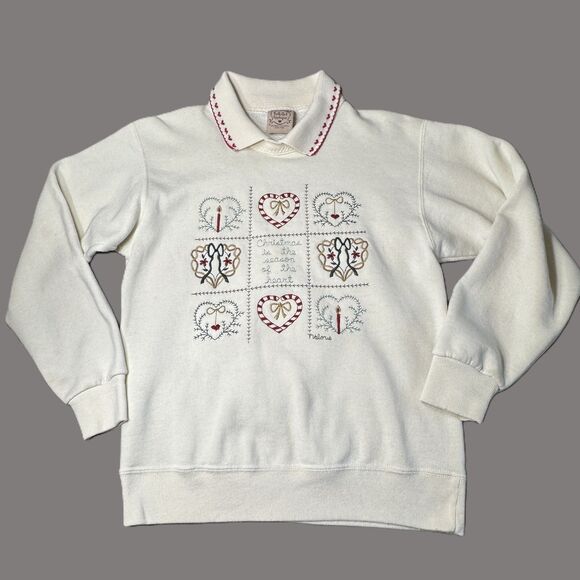 Valerie Sockwell Folk Art Christmas Cream Shirt Womens Small Embroidered Vintage - Picture 13 of 14